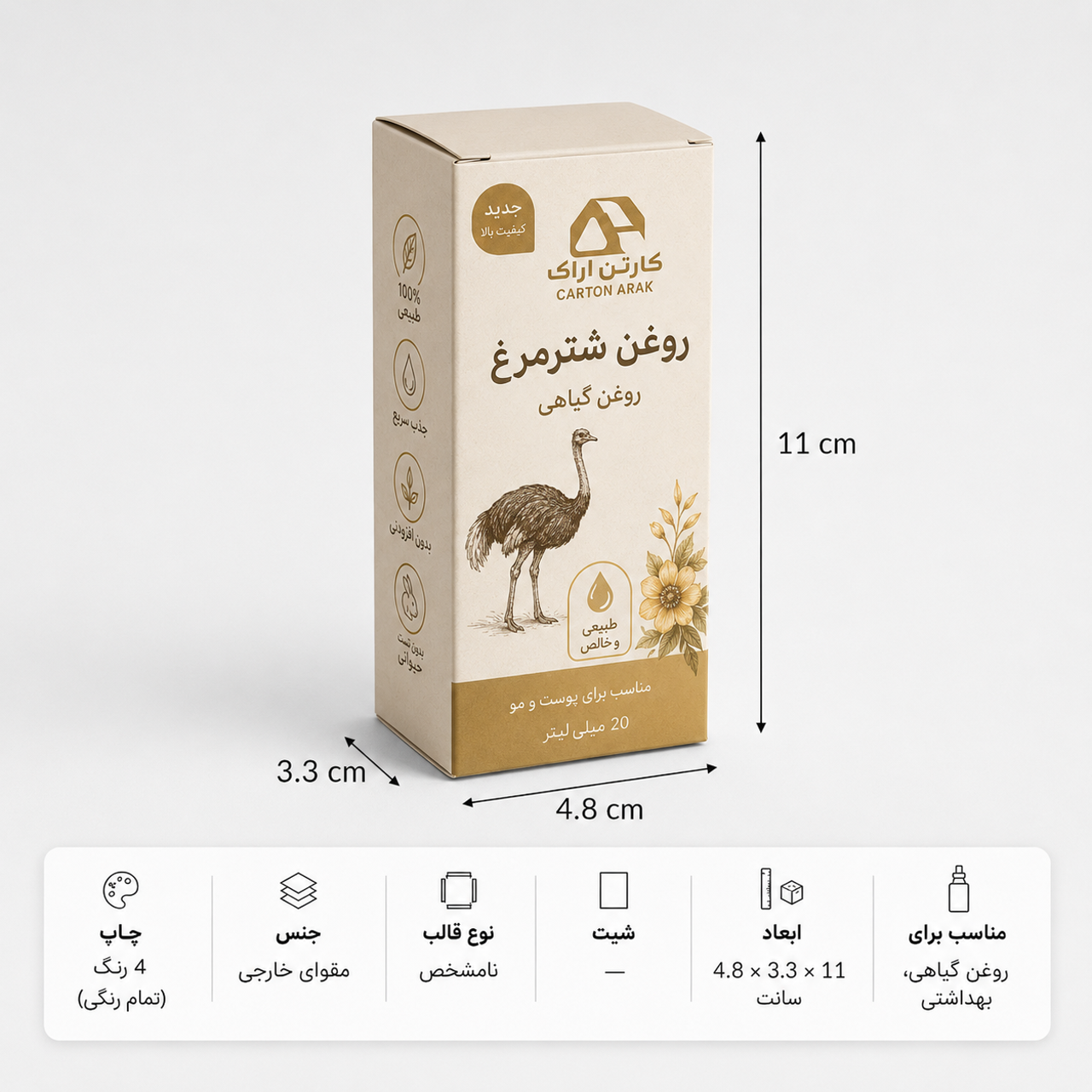 تعداد: ۱۰۰۰ عدد، جنس مقوا: مقوای پشت طوسی ۲۳۰ گرم ایرانی، چاپ: با چاپ افست چهار رنگ