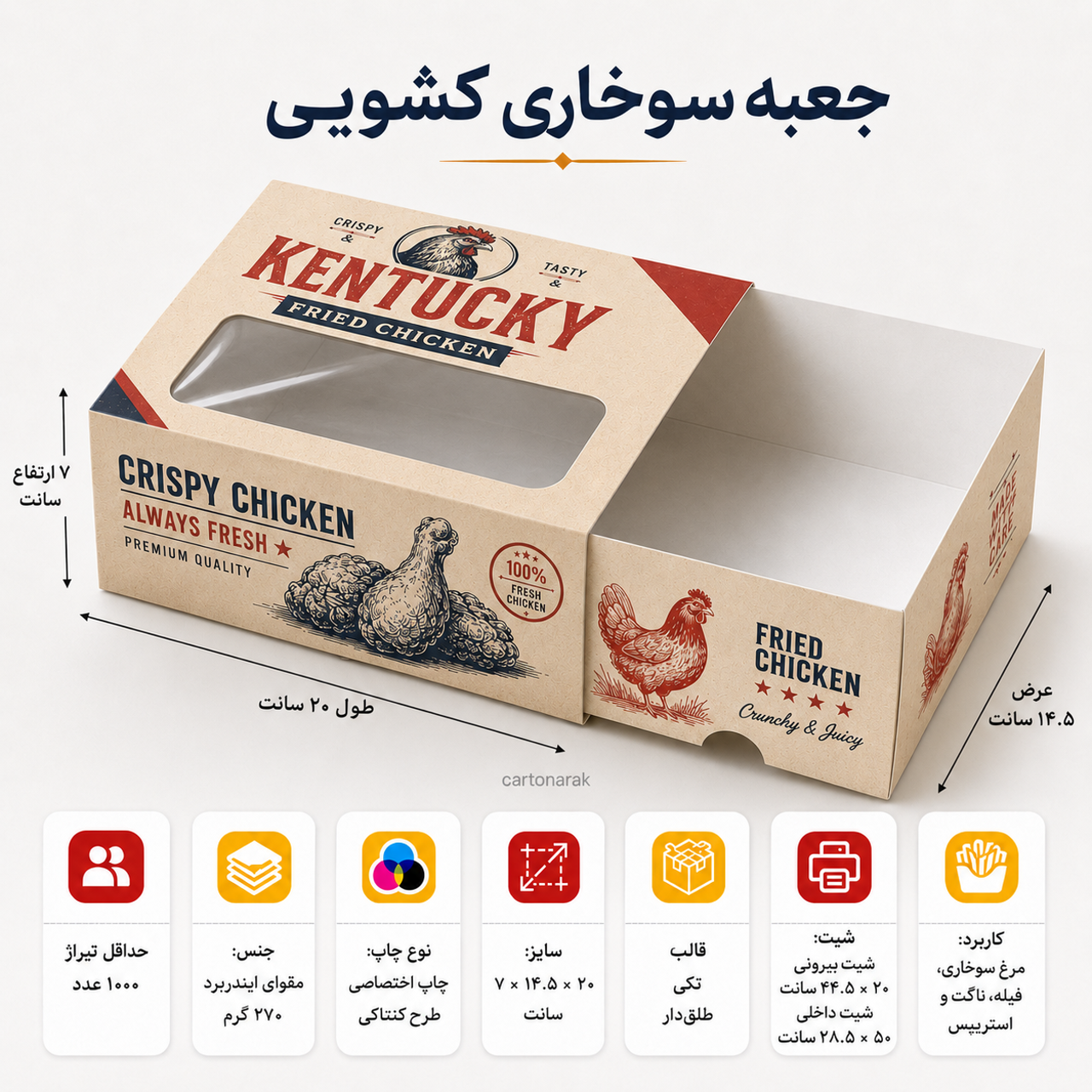 تعداد: ۱۰۰۰ عدد، جنس: مقوای ایندربرد ۲۷۰ گرم خارجی، چاپ: بدون چاپ